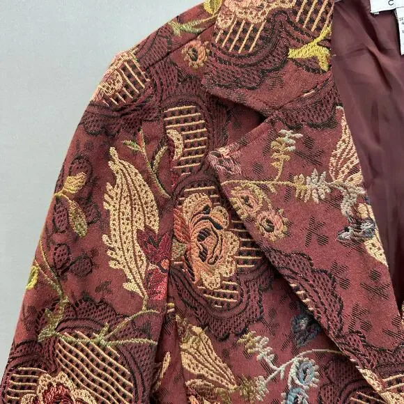CAbi burgundy Jacobean burgundy floral jacquard tapestry long jacket Size 14